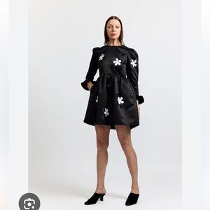 NWT Batsheva Mini Prairie Dress in Black Satin Flowers